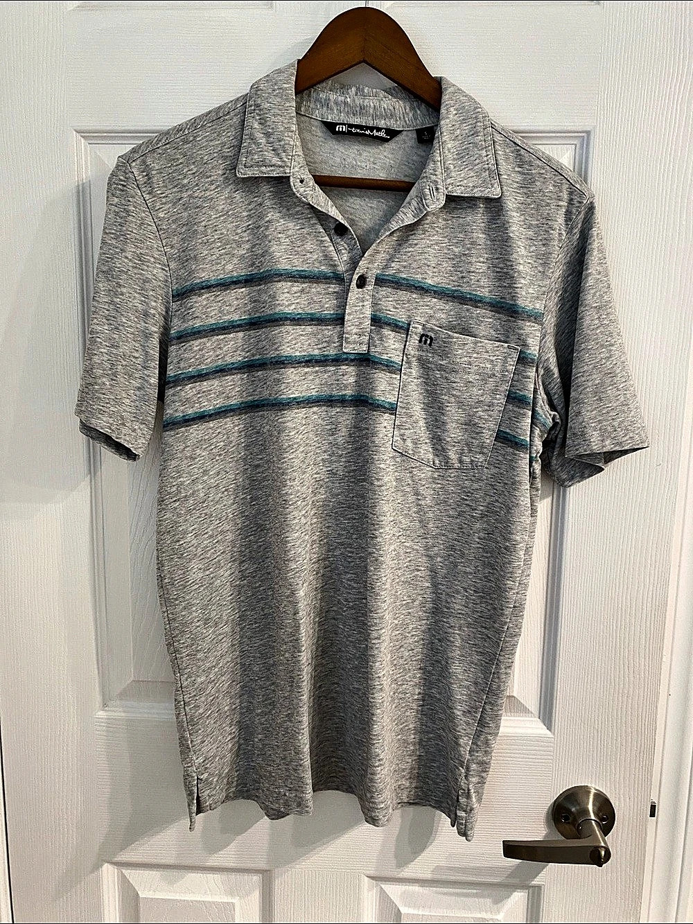 TravisMathew Coastal Chest Stripe Polo Gray & Blue Small